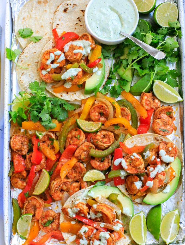 top view sheet fajita sheet pan served on tortillas