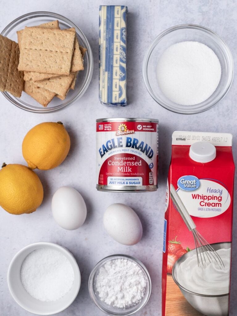 lemon bar ingredients laid out on the counter