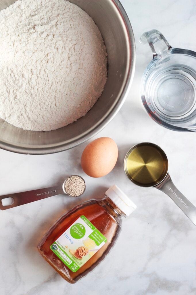 Overhead image of ingredients for challah bread.