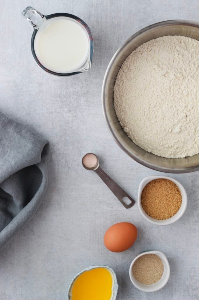 Overhead image of ingredients for homemade dinner rolls.