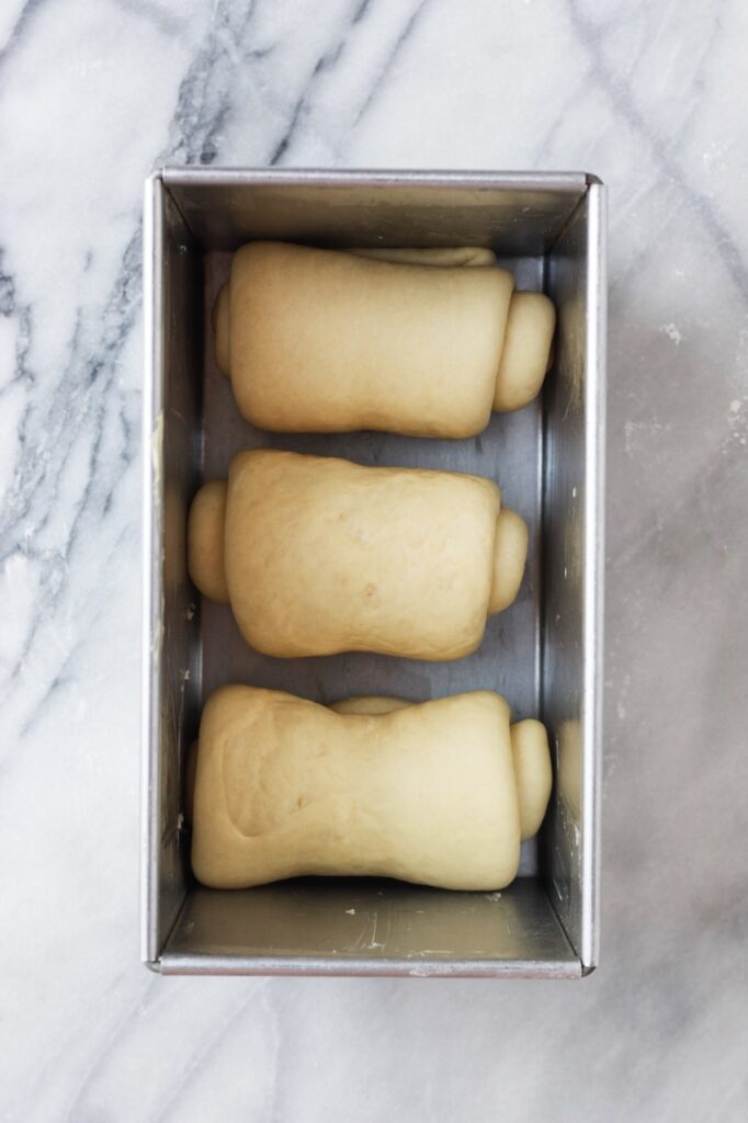 Rolled dough placed inside of a loaf pan before the second proof.