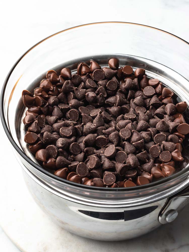 Chocolate chip pieces in a double boiler