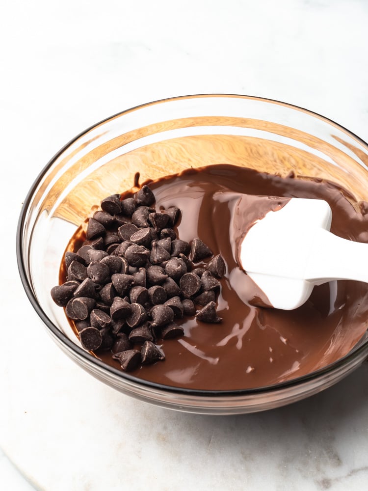 chocolate chips with melted chocolate in a bowl