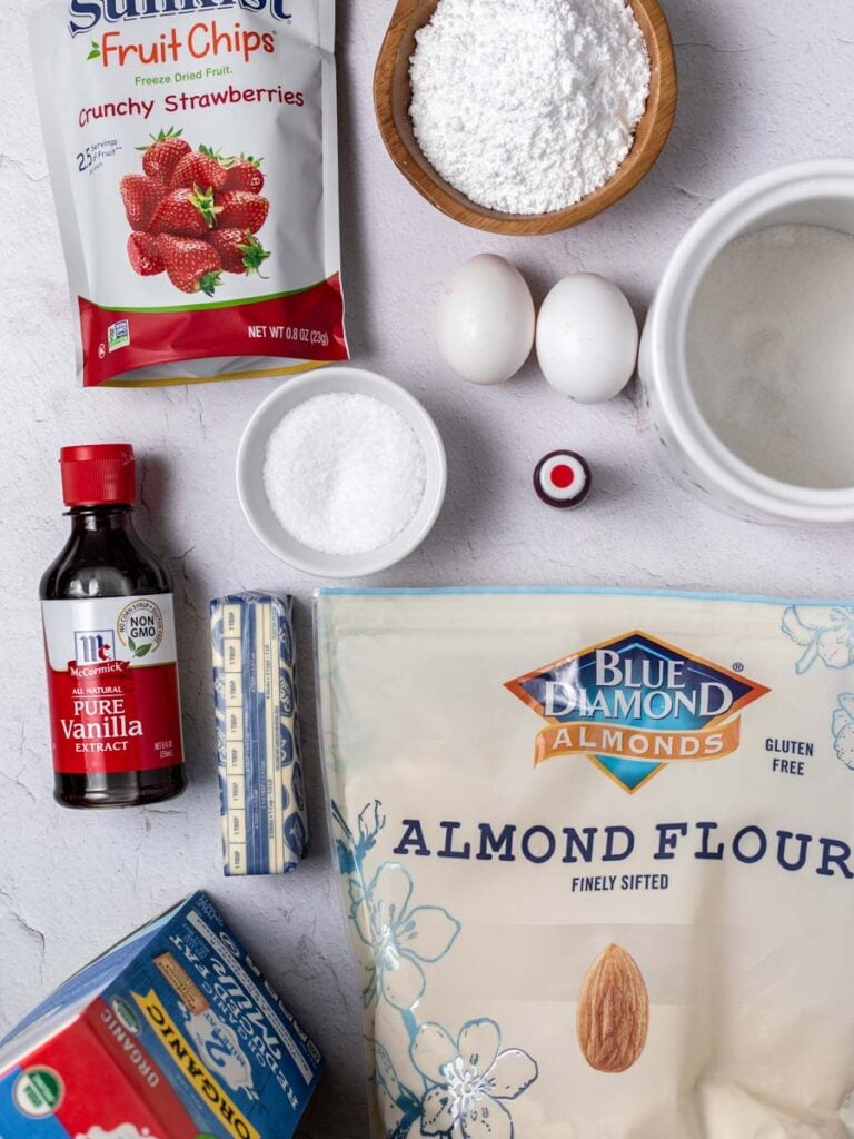 Overhead photo of ingredients required to make macarons.