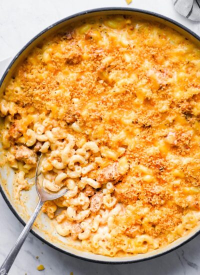 top down shot of the mac and cheese in a skillet