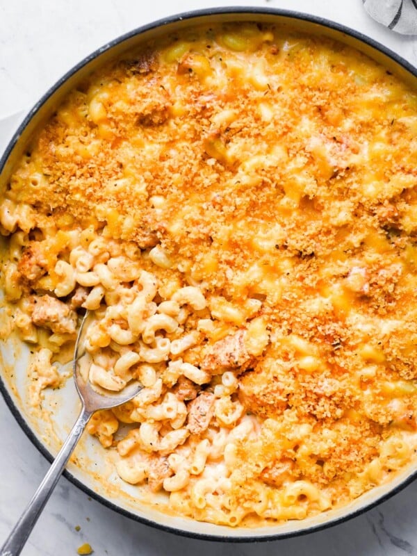 top down shot of the mac and cheese in a skillet