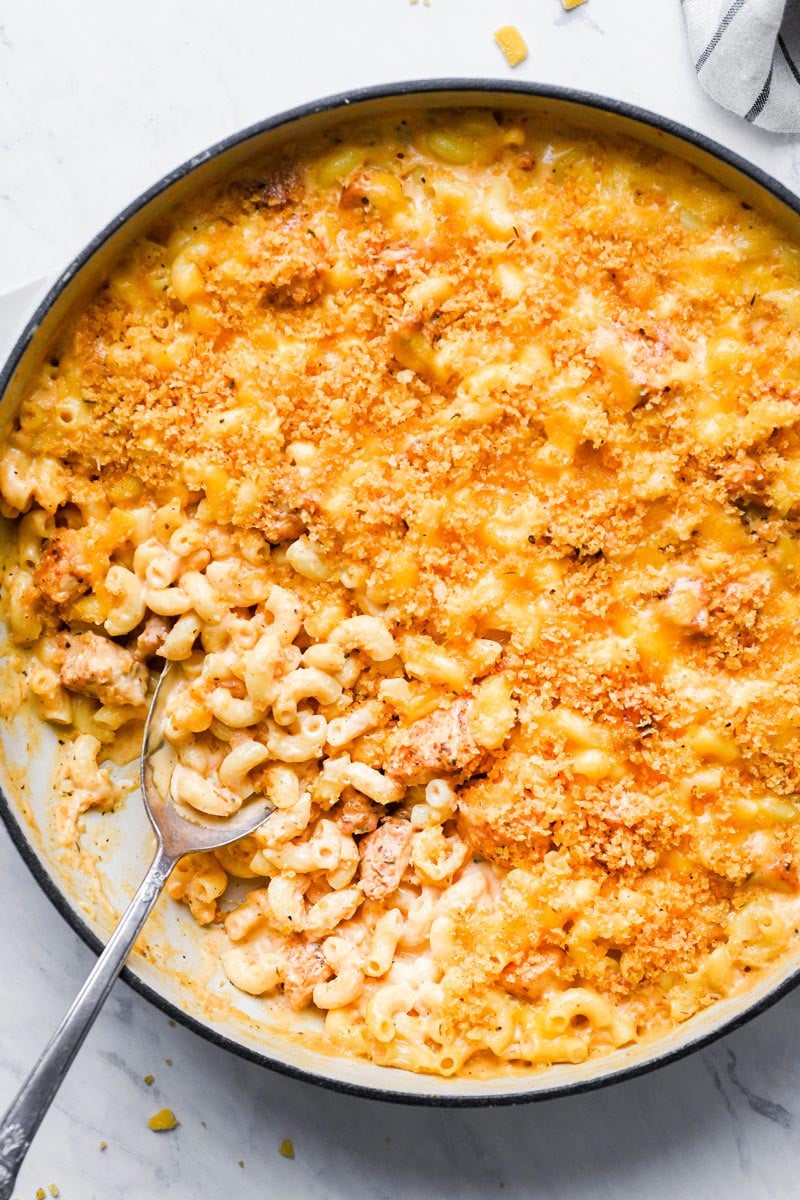 top down shot of the mac and cheese in a skillet