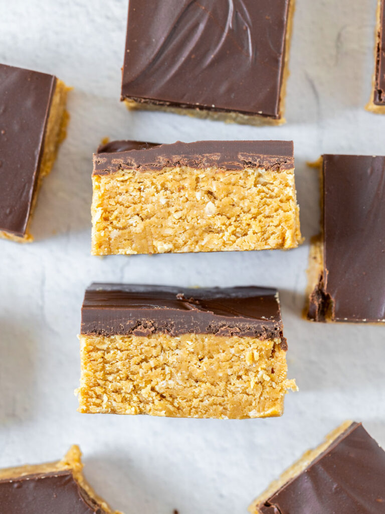 bars of the chocolate peanut butter bars laid out