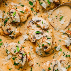 Creamy Mushroom Chicken Thighs in a skillet