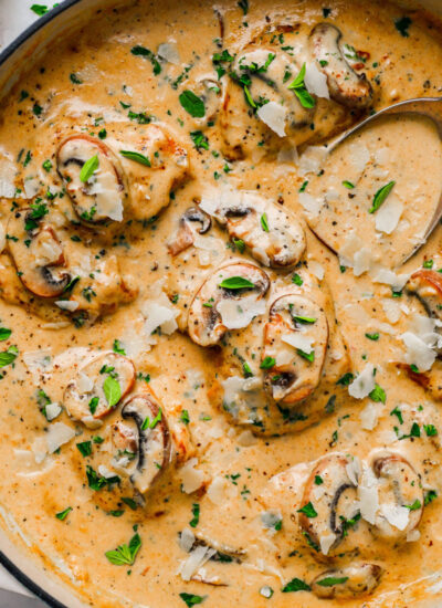 Creamy Mushroom Chicken Thighs in a skillet