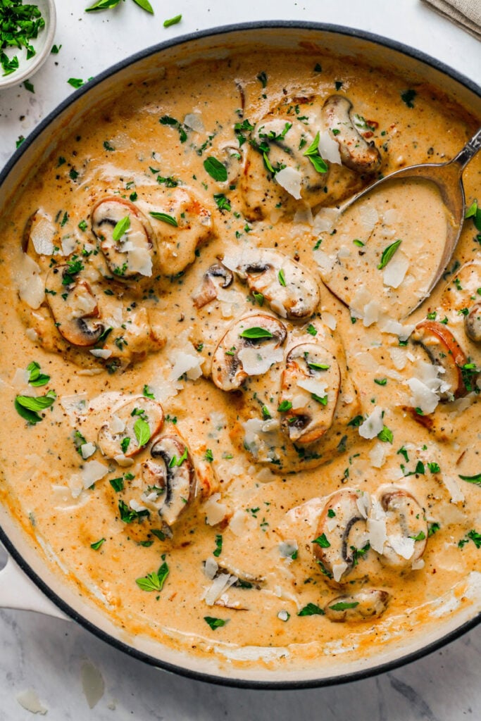 Creamy Mushroom Chicken Thighs in a skillet