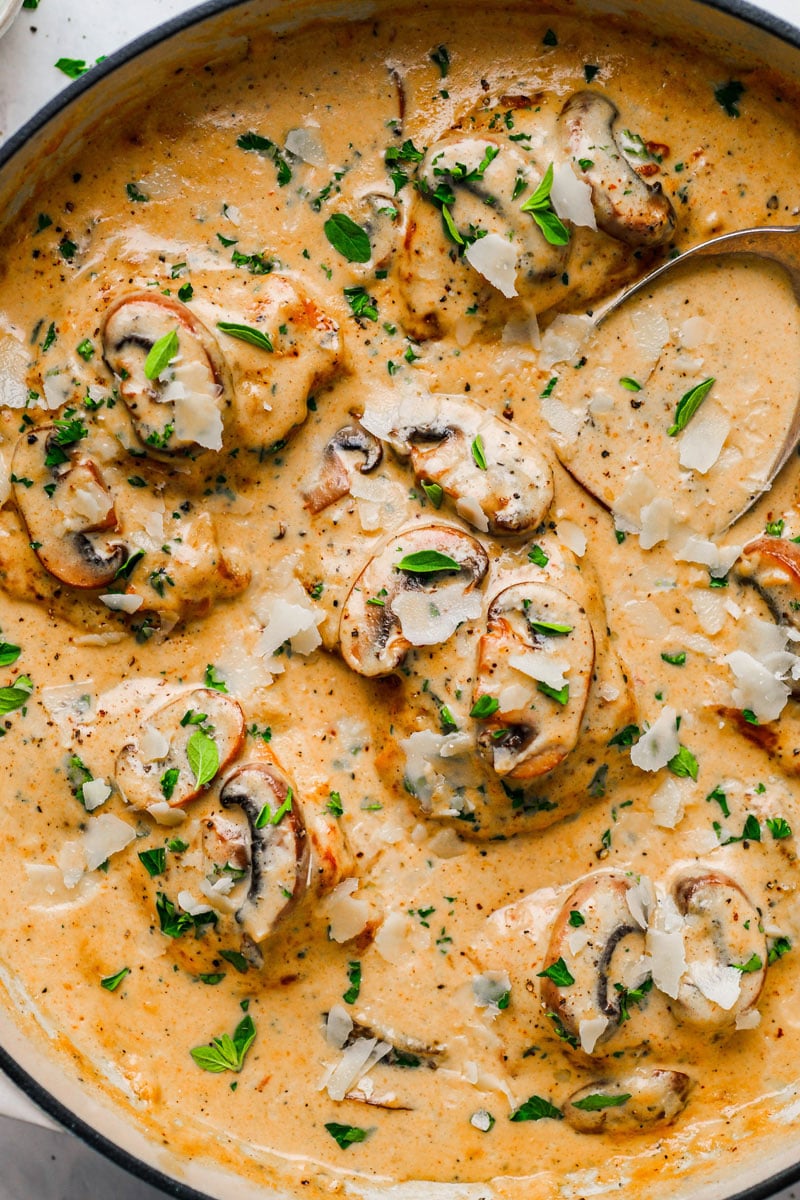 Creamy Mushroom Chicken Thighs in a skillet