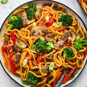 beef lo mein served on a plate and garnished with sesame seeds