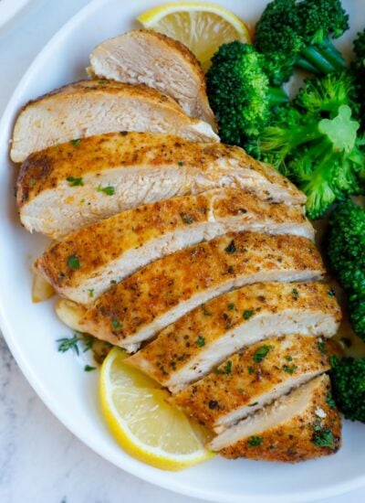 Sliced chicken breast on a plate.