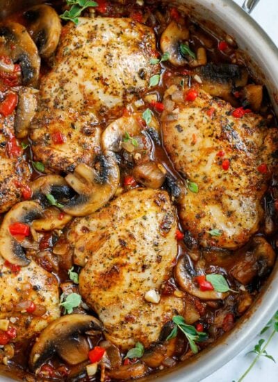 Overhead view of Tuscan Chicken in a pan.