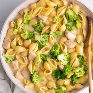 top down shot of the creamy broccoli chicken in a skillet