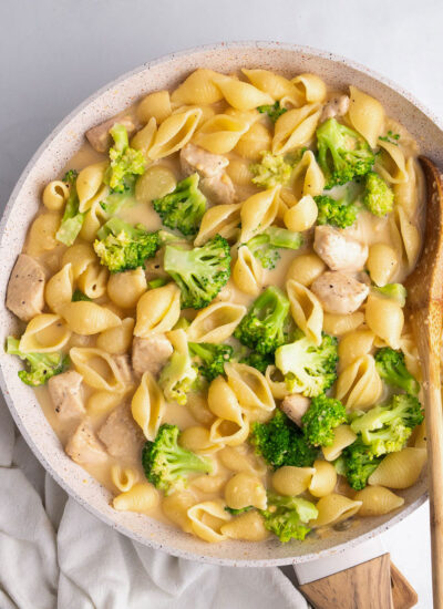 top down shot of the creamy broccoli chicken in a skillet