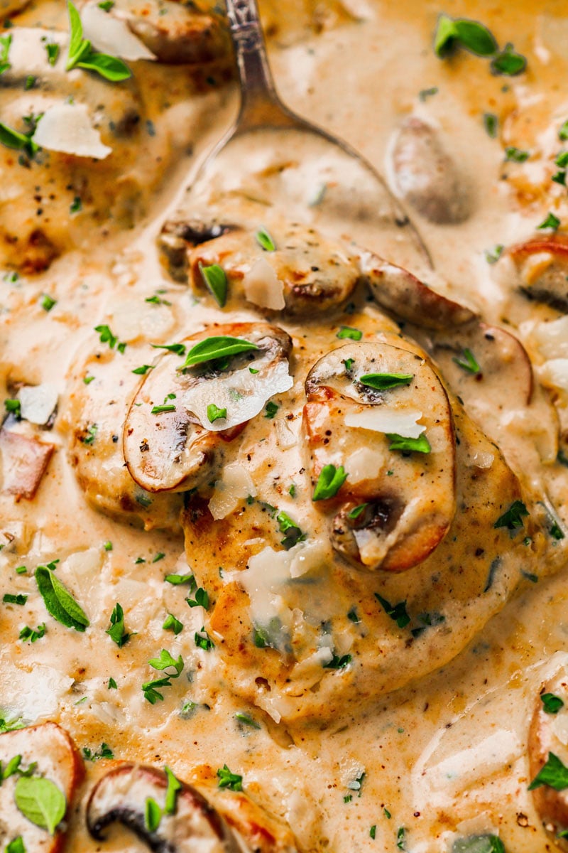 close up shot of the creamy mushroom chicken thighs