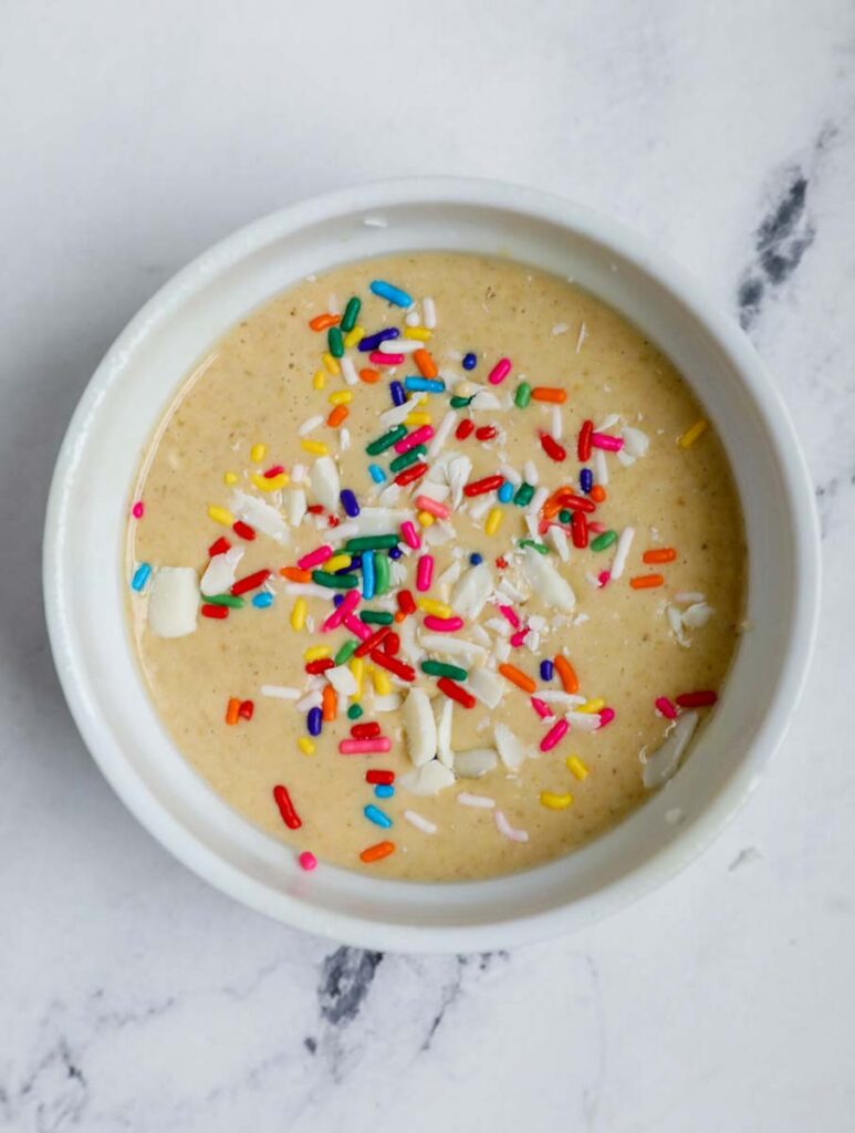 Batter for baked oatmeal in a ramekin.