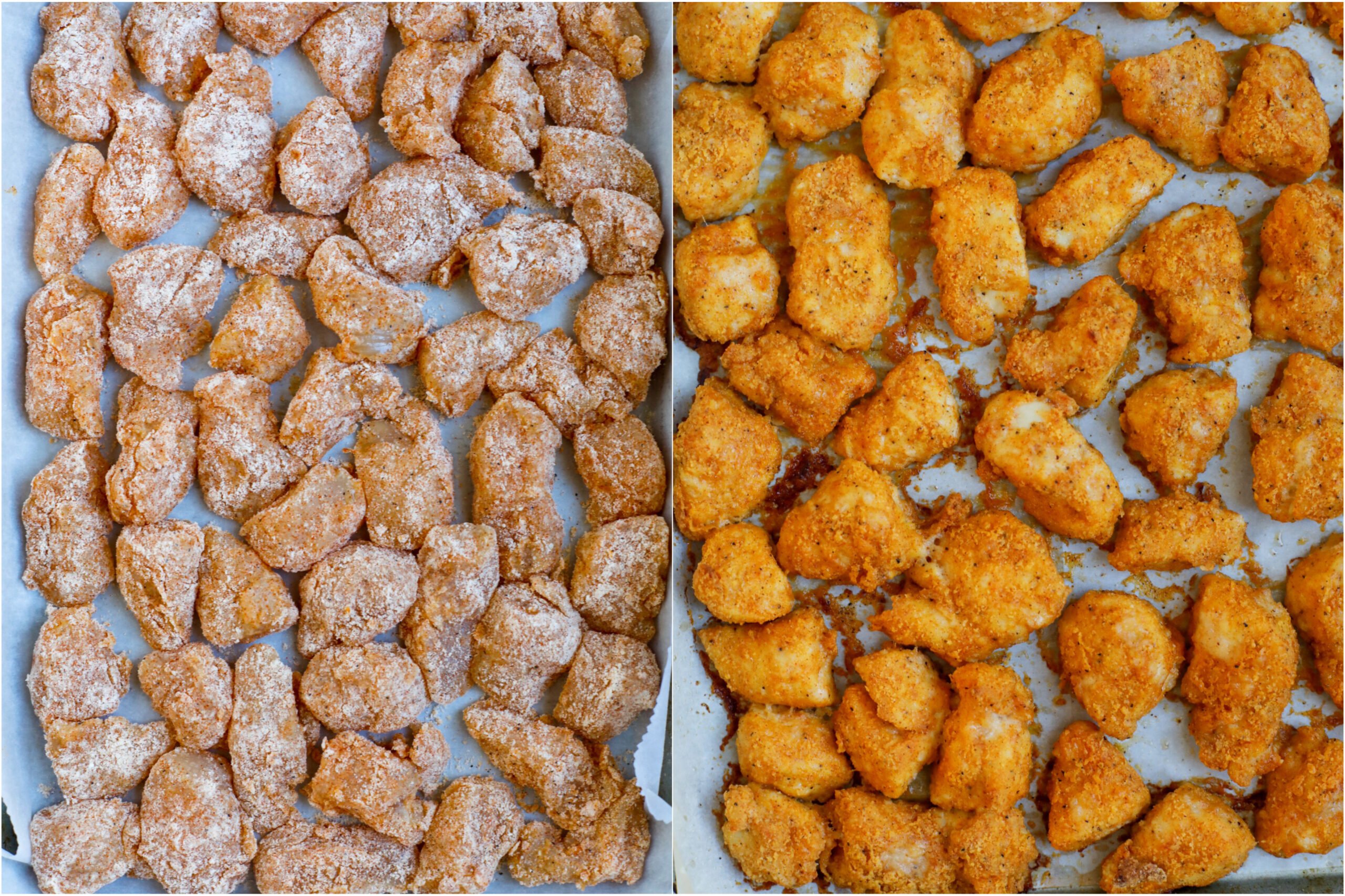 Crispy chicken pieces in a sheet pan before and after baking.