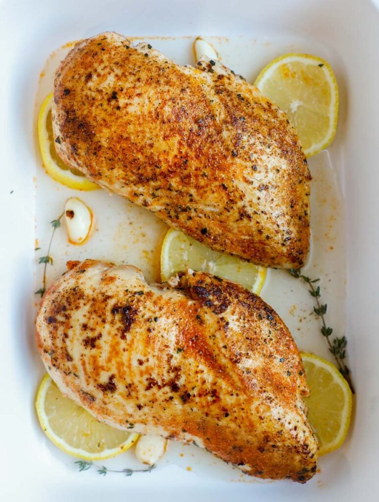 Seasoned oven baked chicken breasts.