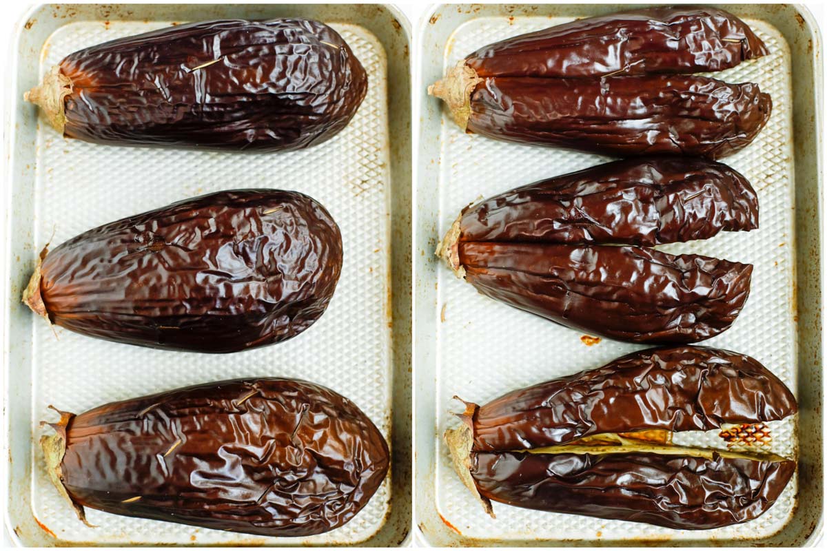 roasted eggplant on a tray with skin on