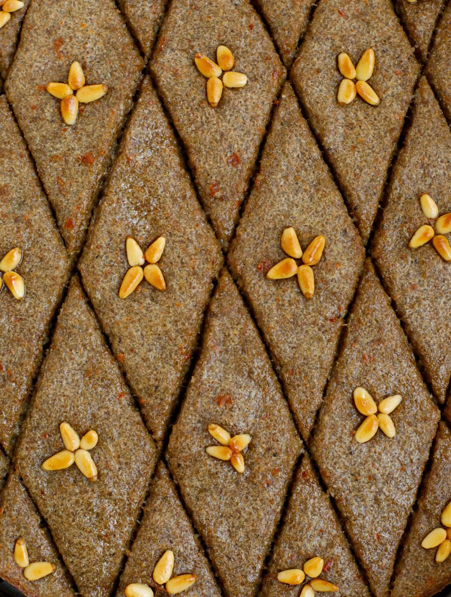 top down close shot of baked kibbeh