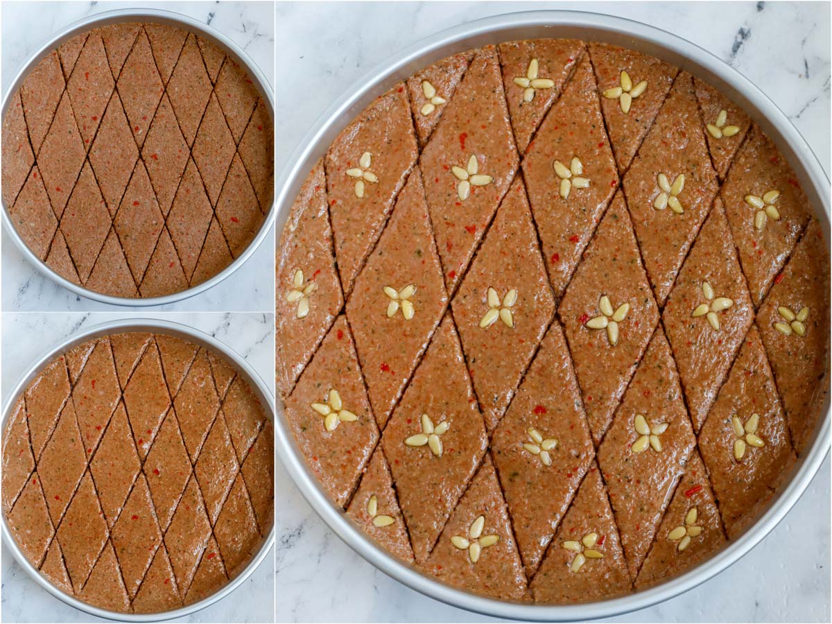 photos showing how to cut the kibbeh into diamond shape