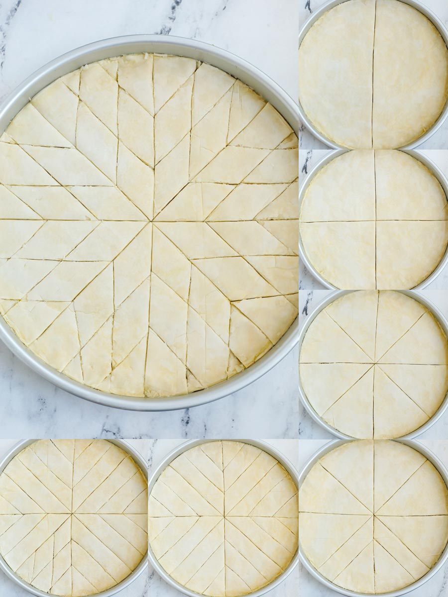 top down shots showing how to cut baklava.