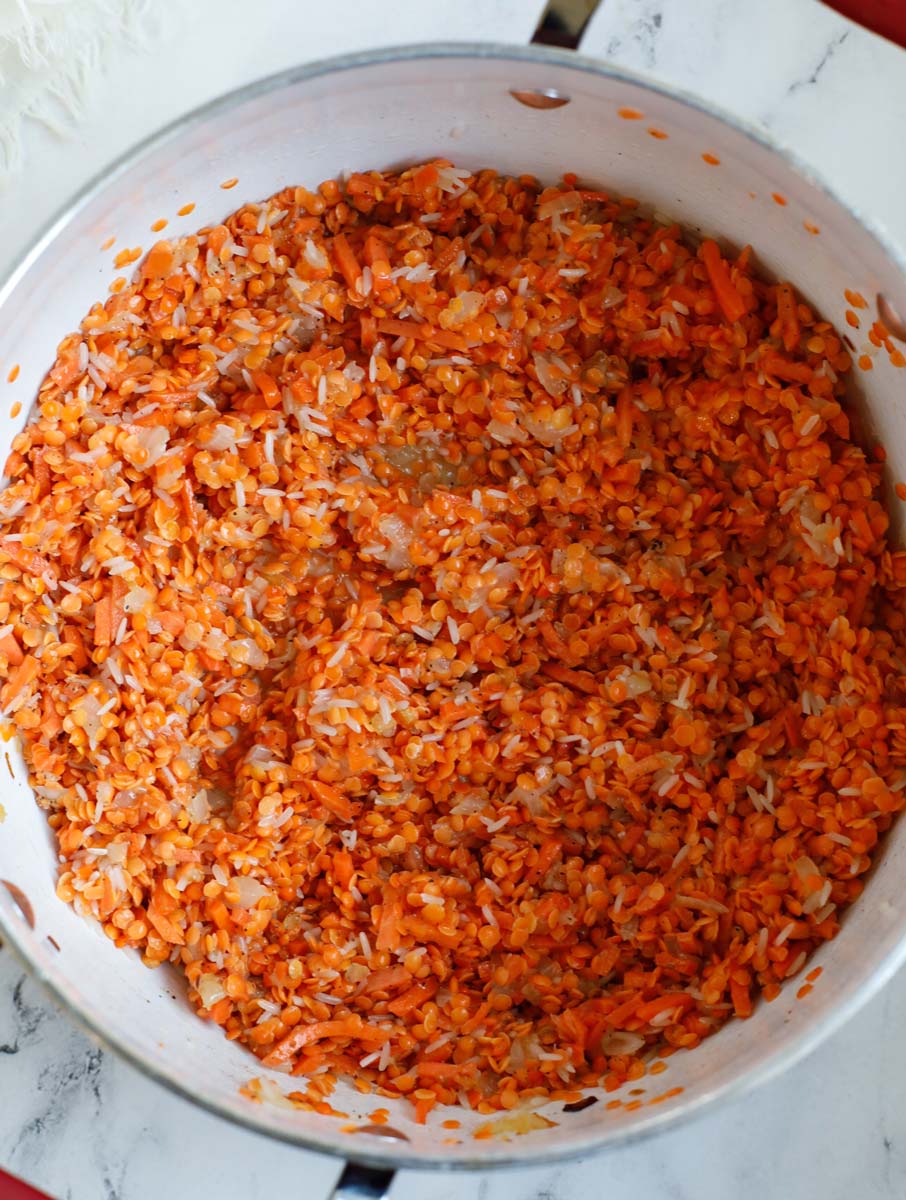 Pot with washed lentils, shredded carrots, rinsed riced, cumin powder, black pepper, and onions stirred together.