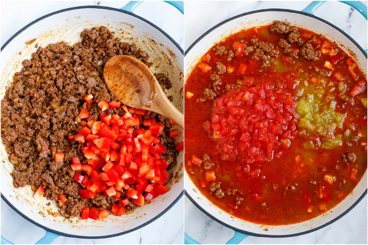 Set of two photos showing bell peppers added to a pot and diced tomatoes with liquid added.