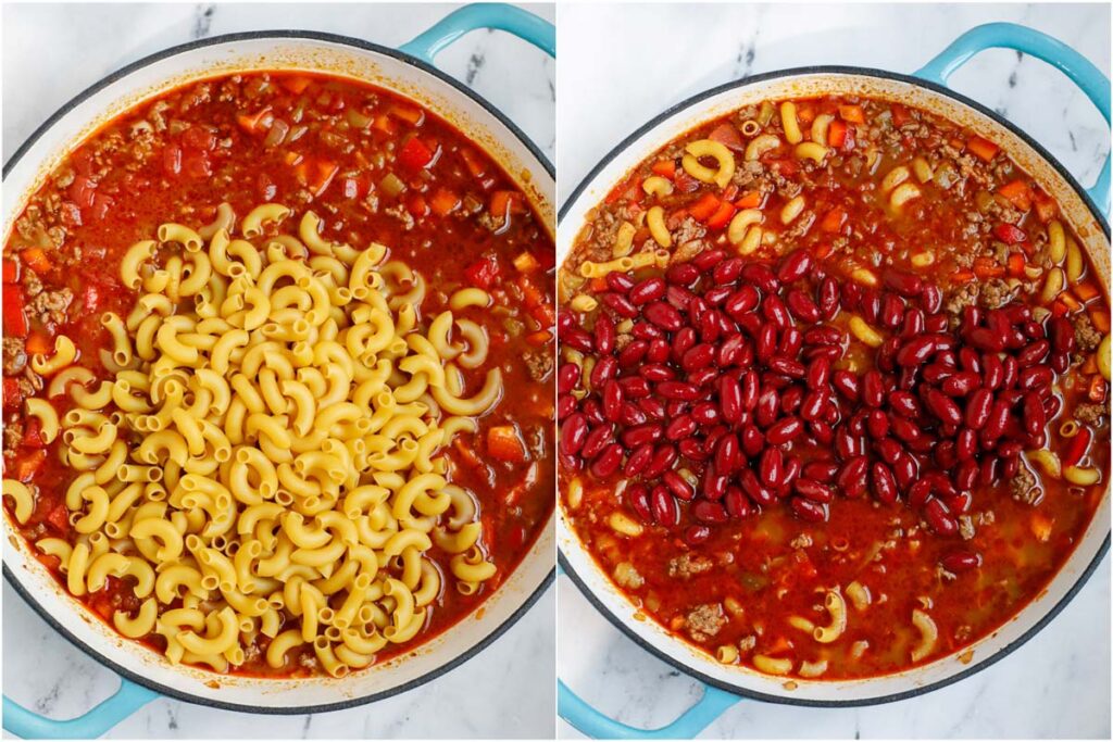 Set of two photos showing macaroni added into a pot and then red kidney beans added.