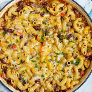 Overhead view of a pot of chili mac and cheese.