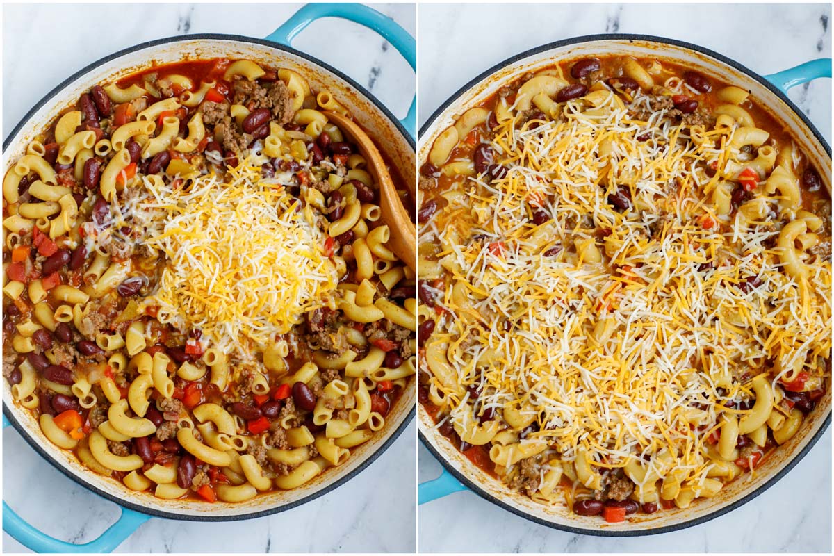Set of two photos showing cheese being mixed into a pot of chili mac and cheese.
