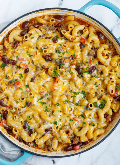 Overhead view of a pot of chili mac and cheese.