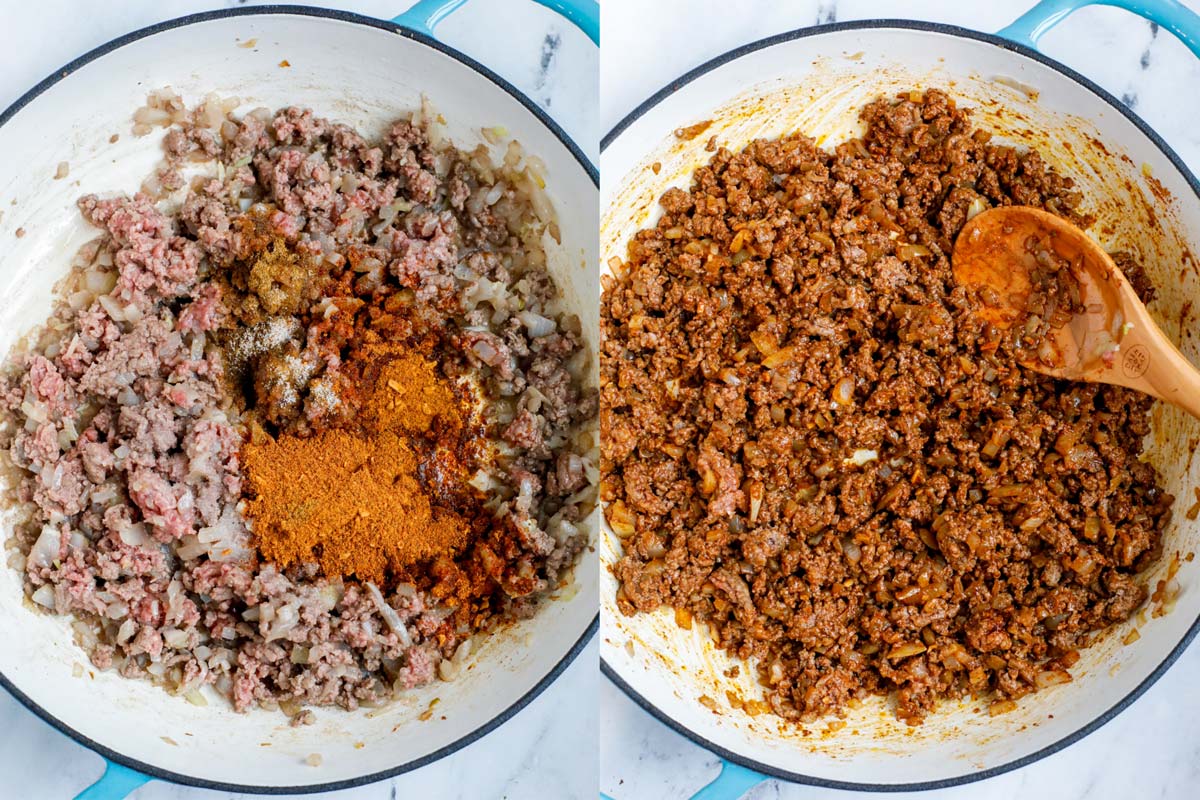 Set of two photos showing seasoning added to ground meat.