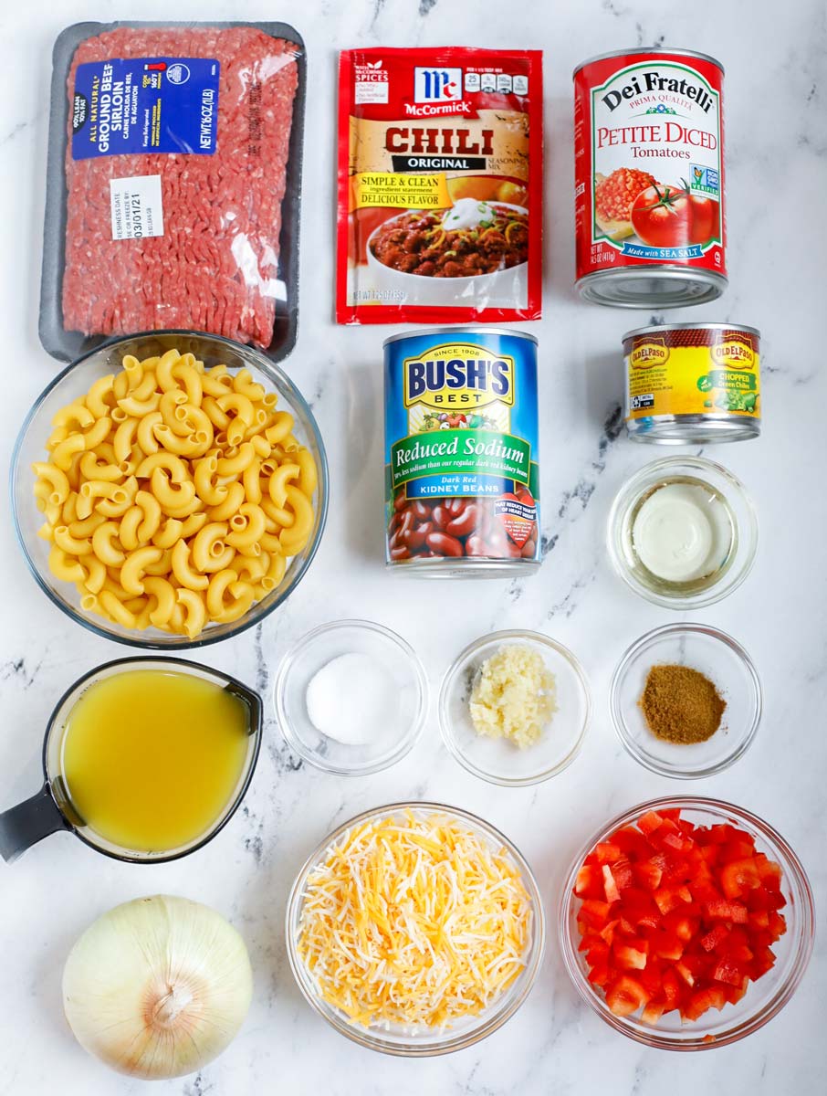 Ingredients needed to make chili mac and cheese.
