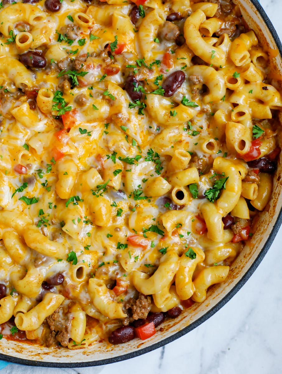 Close up of a pot of chili mac and cheese.