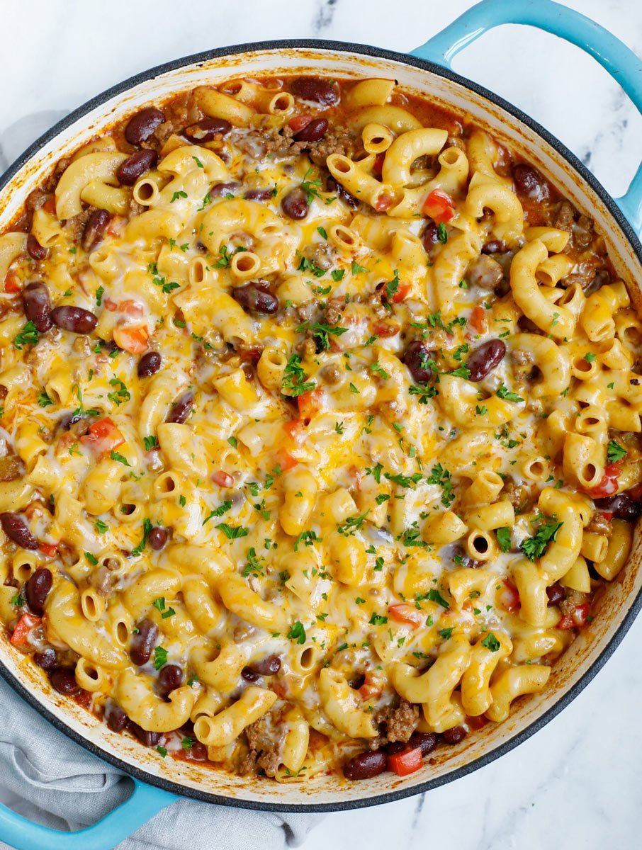 Overhead view of a pot of chili mac and cheese.