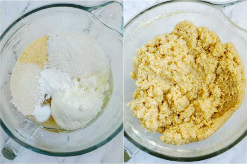 Set of two photos showing batter for basbousa forming.