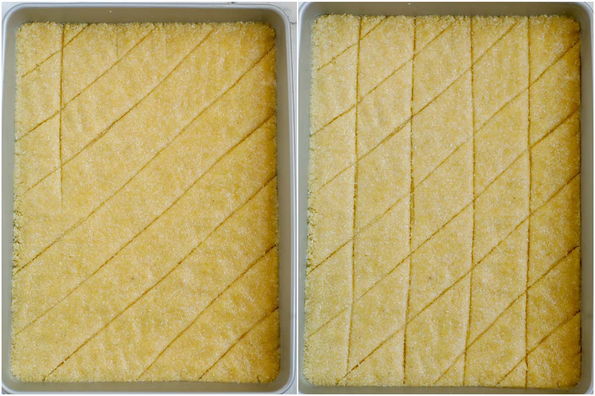 Set of two photos showing how the Coconut Basbousa is cut before baking.