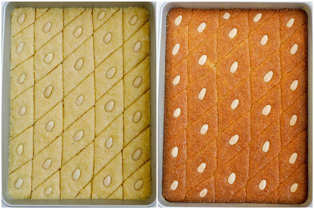 Set of two photos showing Coconut Basbousa before and after baking.