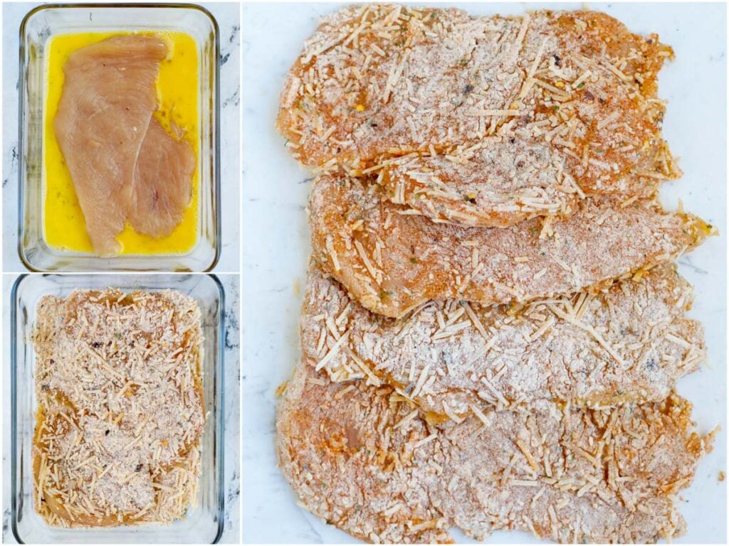 Set of three photos showing how to bread and coat the chicken breasts.