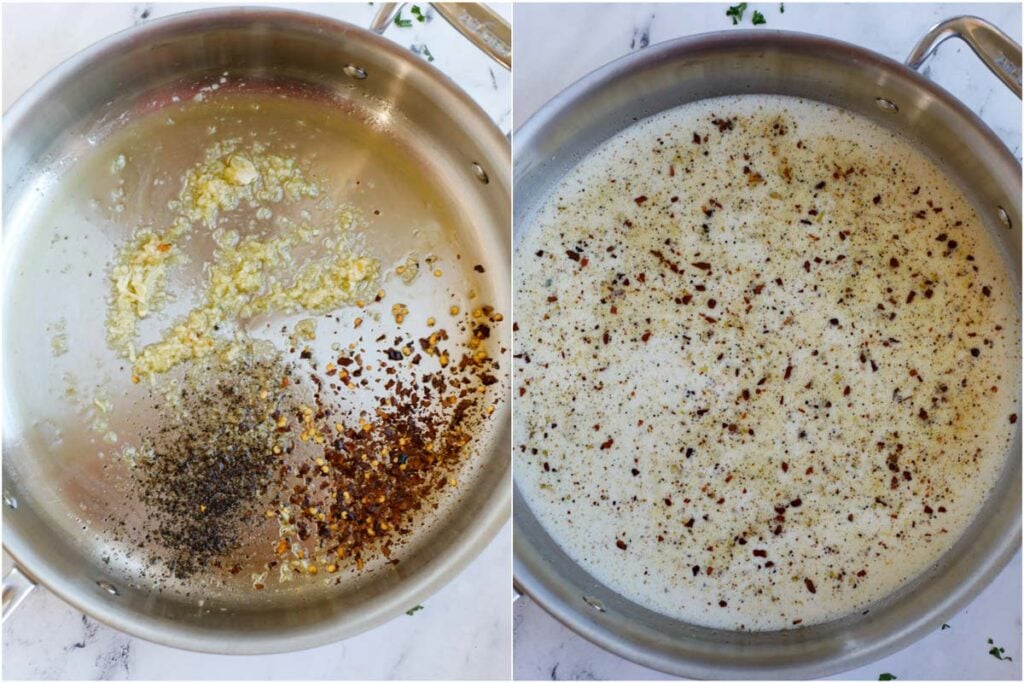 Set of two showing seasoning and garlic being cooked before adding half and half.