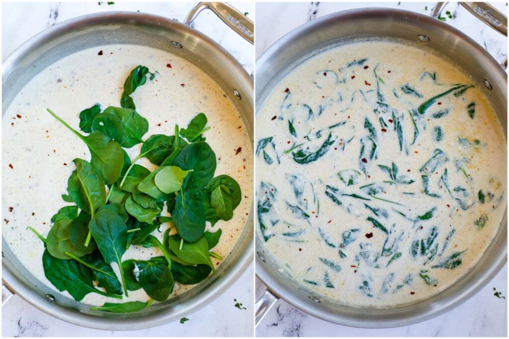 Set of two photos showing spinach being added to a cream sauce and cooked.