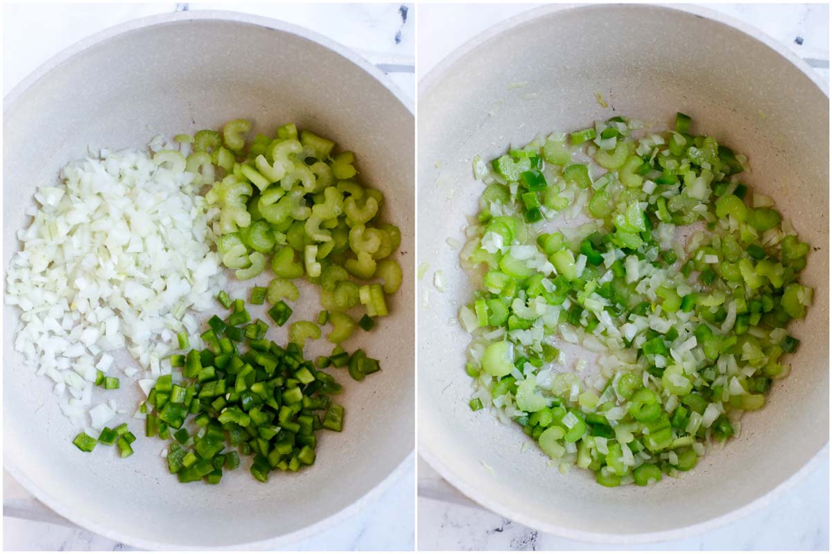 Set of two photos showing onions, belly peppers, and celery added to a pot and sautéed.