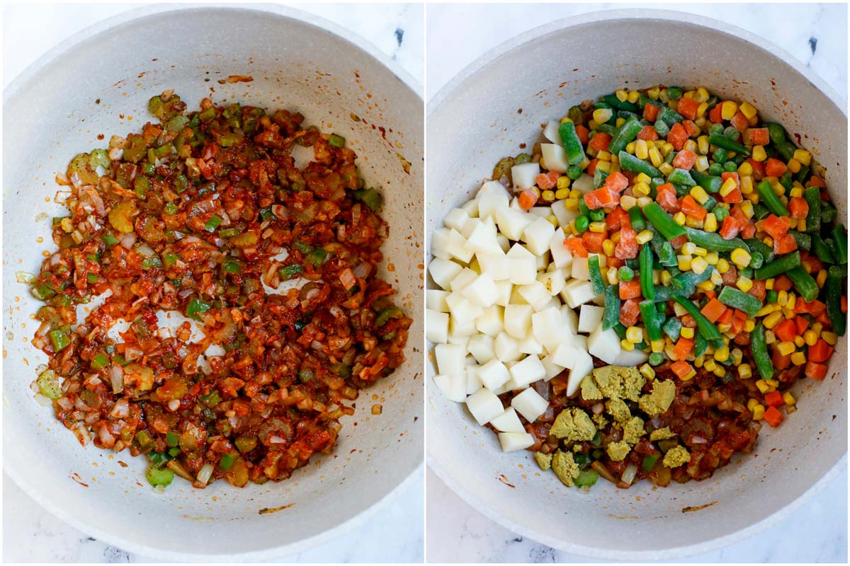 Sauteing vegetables in a pot and then adding in frozen vegetables.