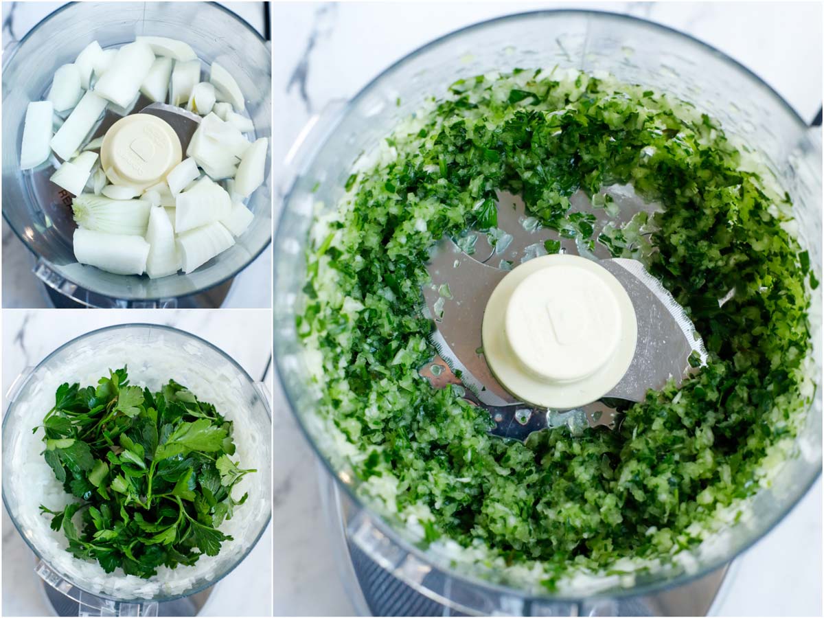 Photos showing onions being diced in a food processor alongside parsley.