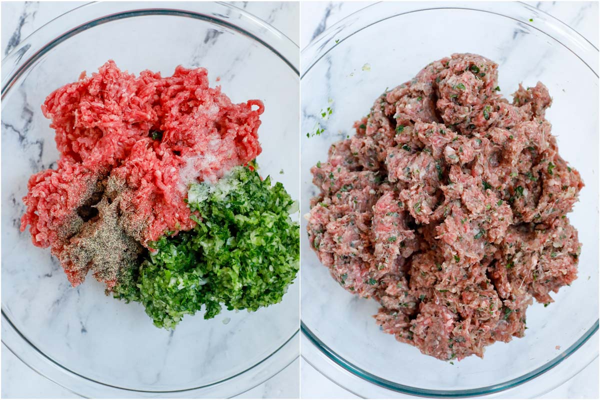 Set of two photos showing ingredients for beef kafta patties being combined.