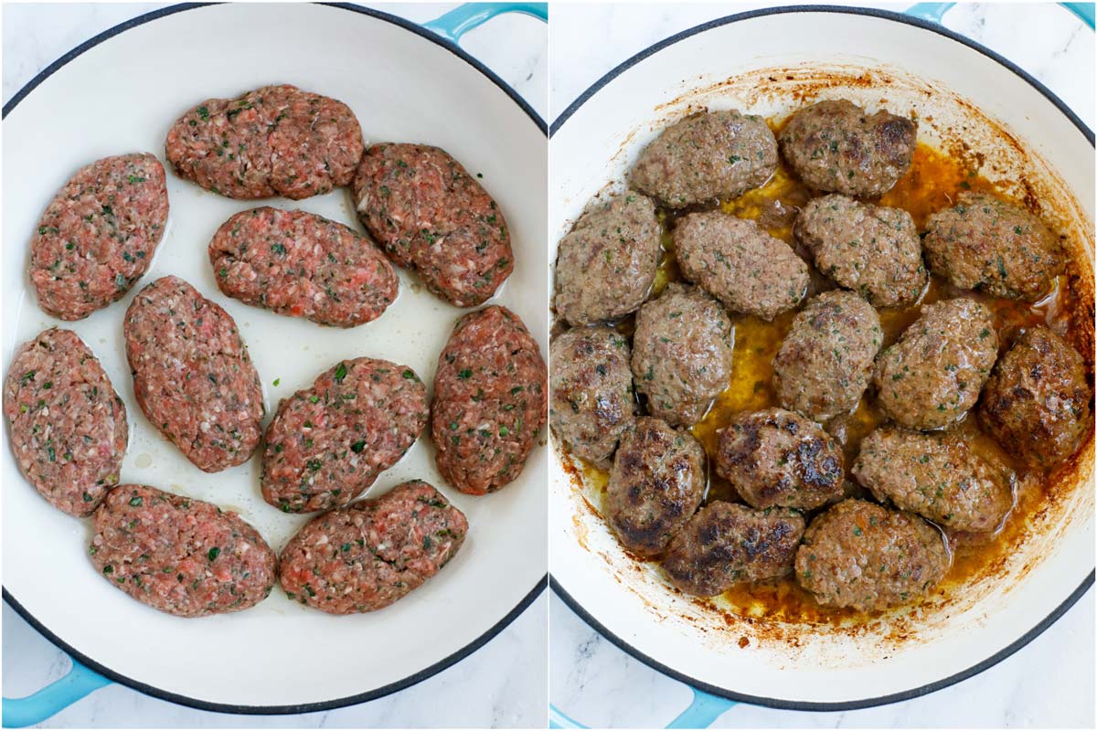 Kafta patties being formed and then cooked.